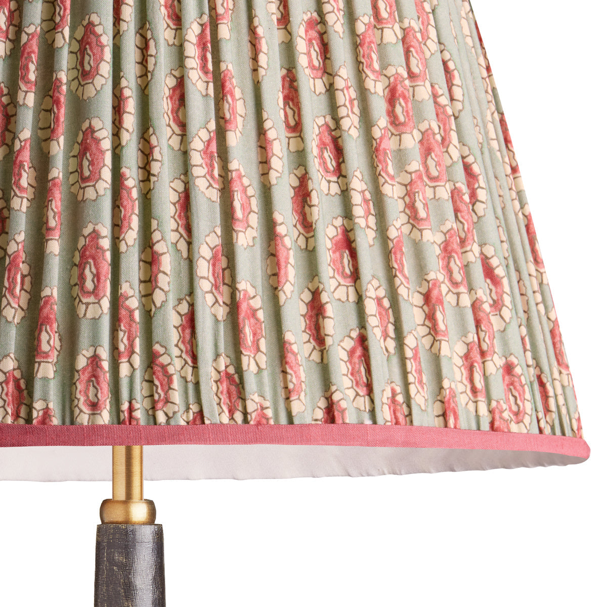 10 inch empire shade for cordless lamps in aqua pink block printed Dotty gathered cotton by GP & J Baker