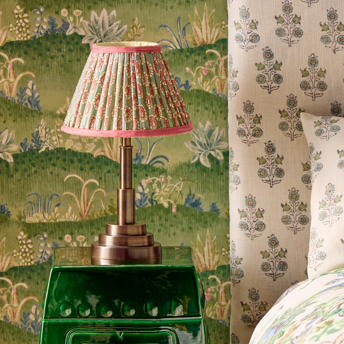 10 inch empire shade for cordless lamps in aqua pink block printed Dotty gathered cotton by GP & J Baker