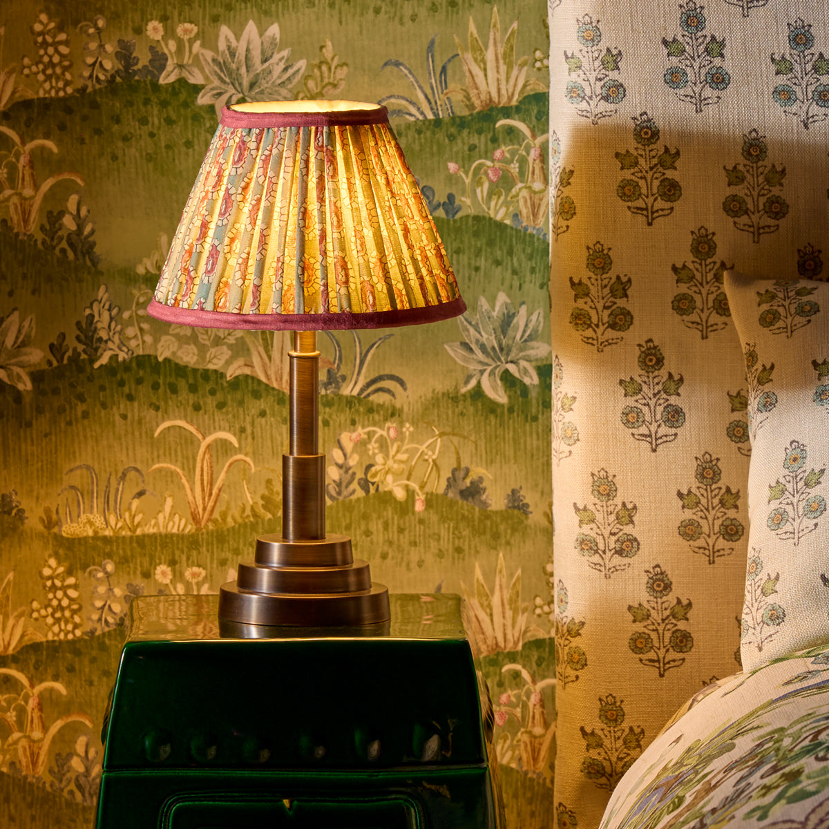 10 inch empire shade for cordless lamps in aqua pink block printed Dotty gathered cotton by GP & J Baker
