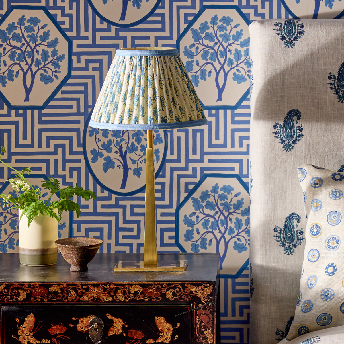 10 inch empire shade for cordless lamps in blue and white block printed Dotty gathered cotton by GP & J Baker