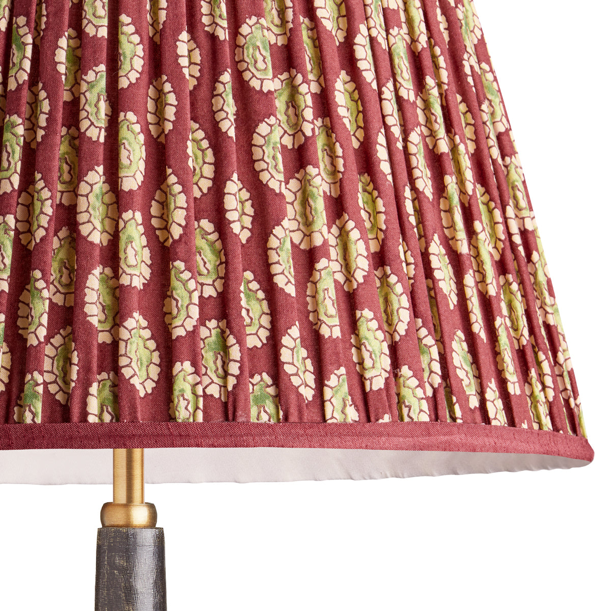 10 inch empire shade for cordless lamps in oxblood block printed Dotty gathered cotton by GP & J Baker