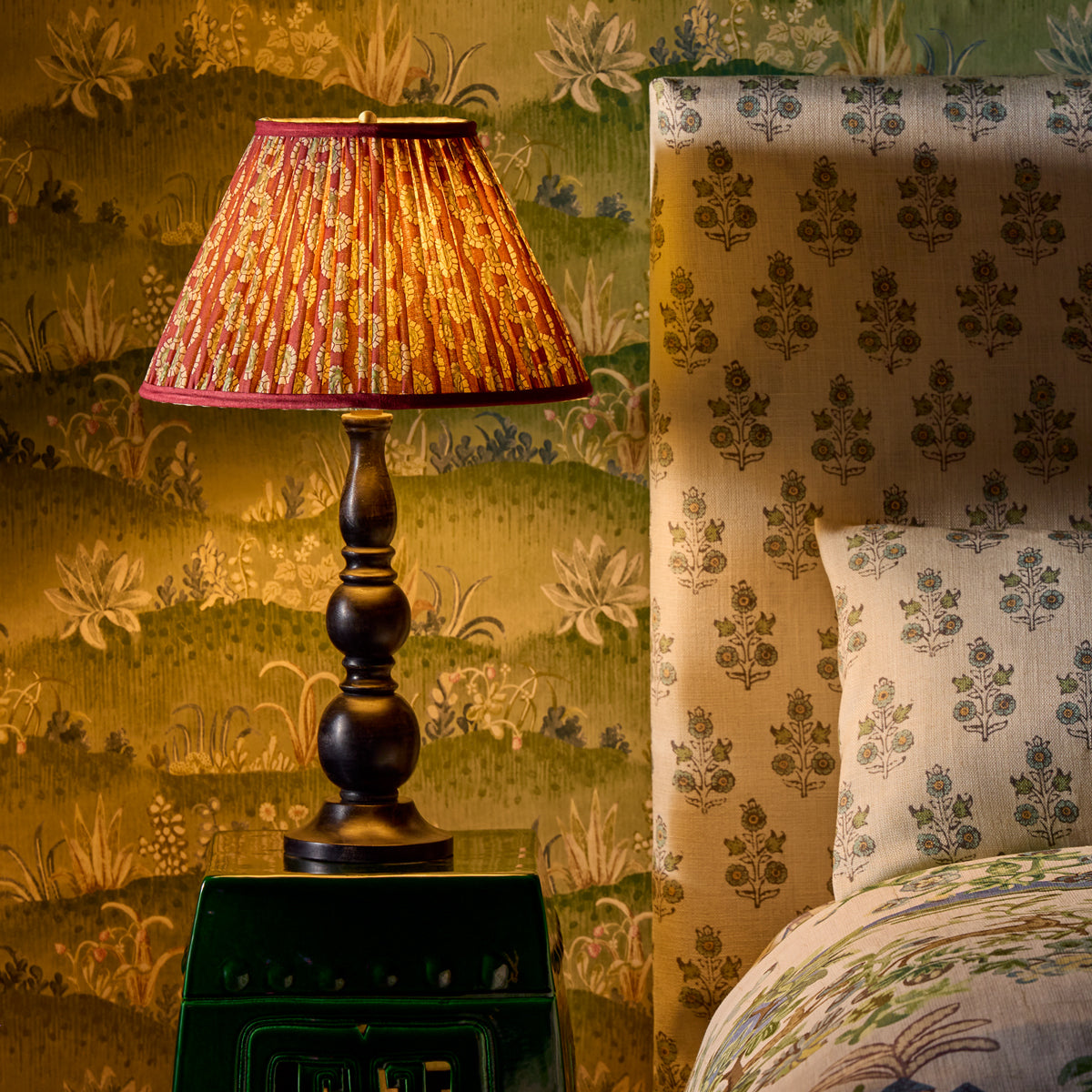 10 inch empire shade for cordless lamps in oxblood block printed Dotty gathered cotton by GP & J Baker