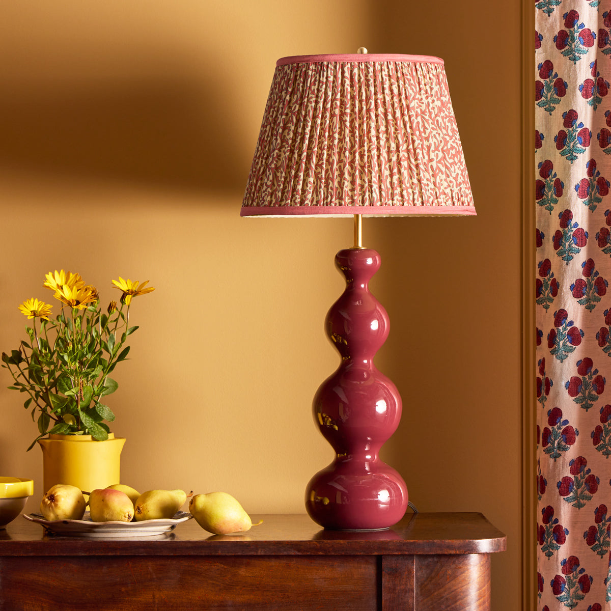 10 inch empire shade for cordless lamps in red aqua Tuffley gathered cotton by GP & J Baker