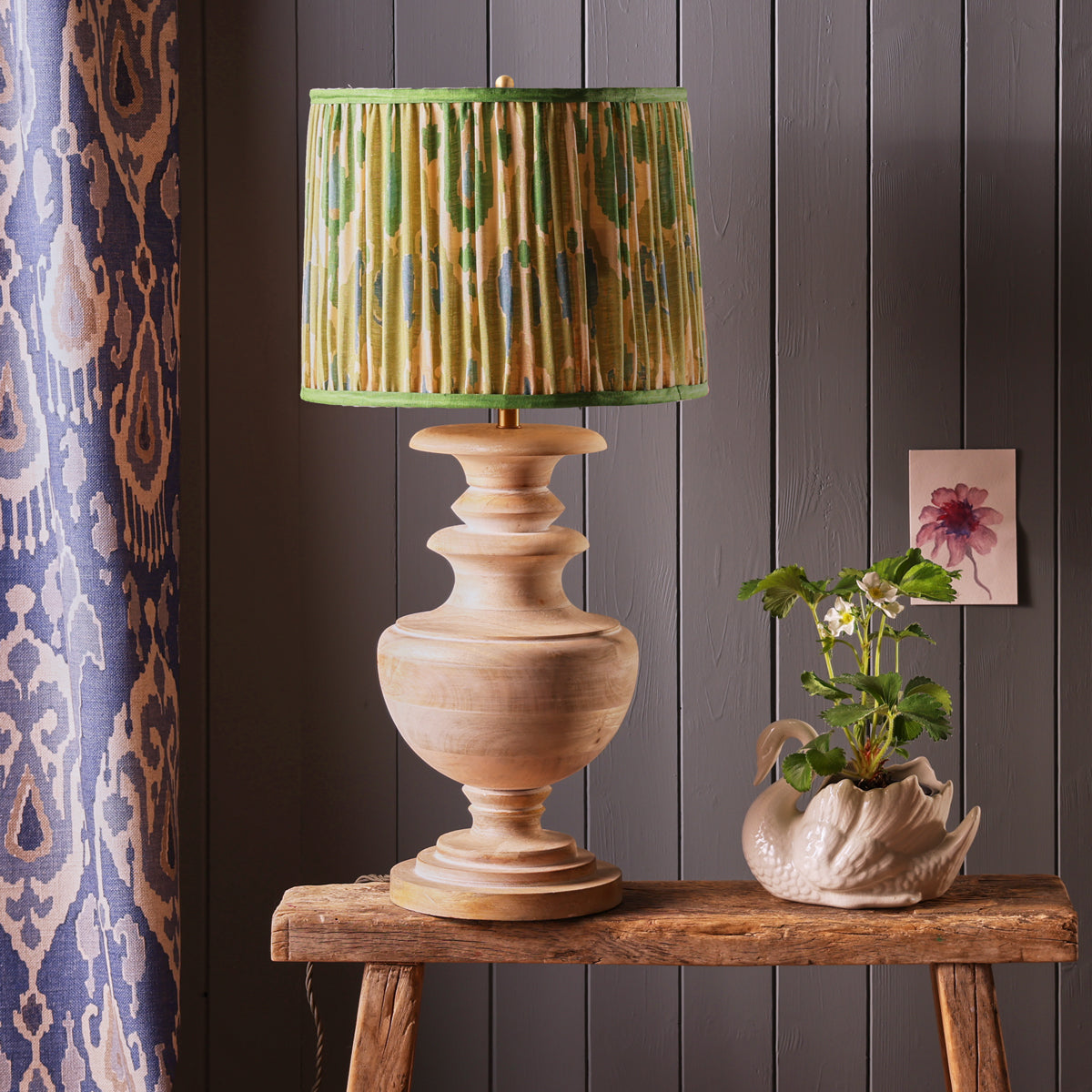 10 inch empire shade for cordless lamps in green blue Bokhara gathered linen by GP & J Baker