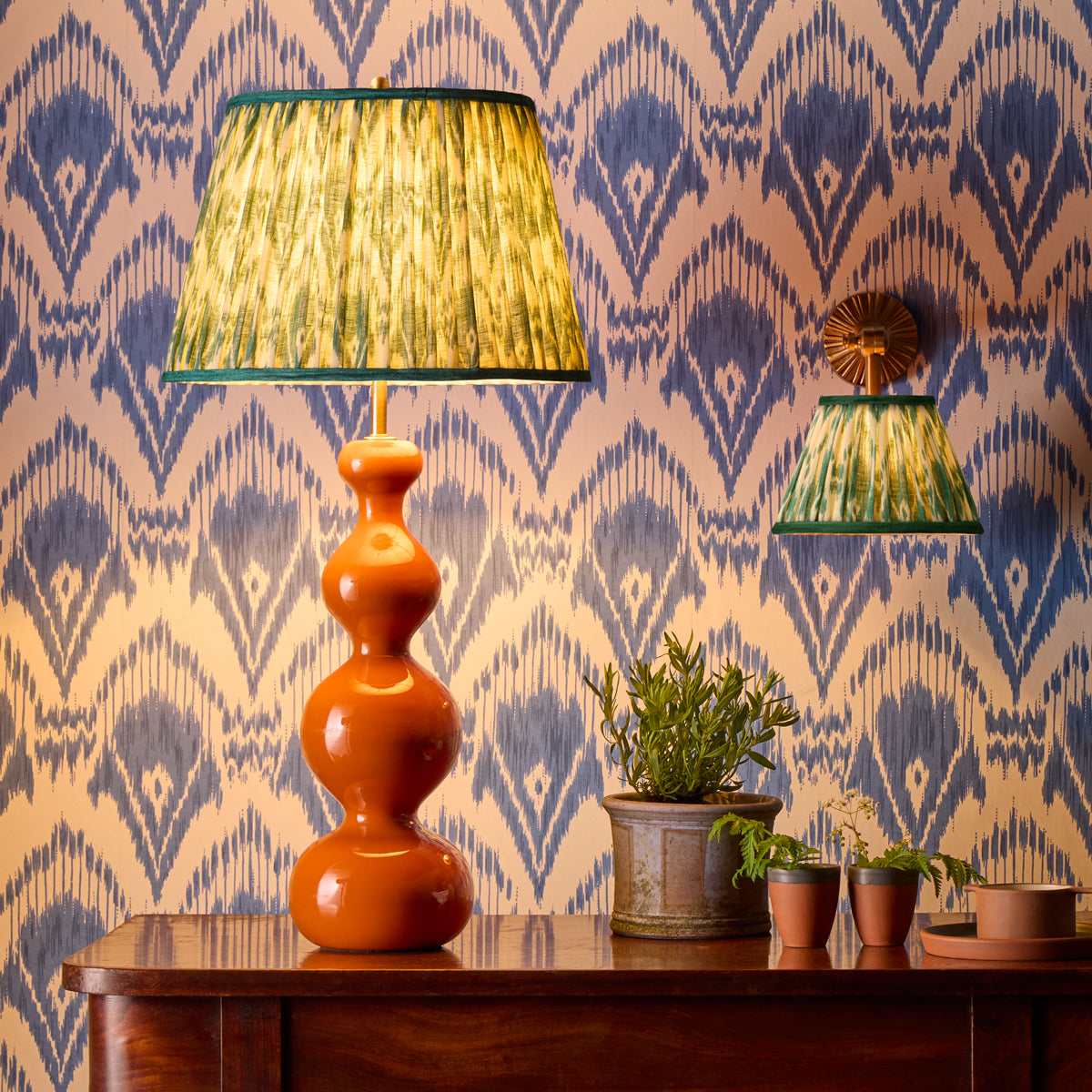 10 inch empire shade for cordless lamps in teal Zaraband gathered linen by GP & J Baker