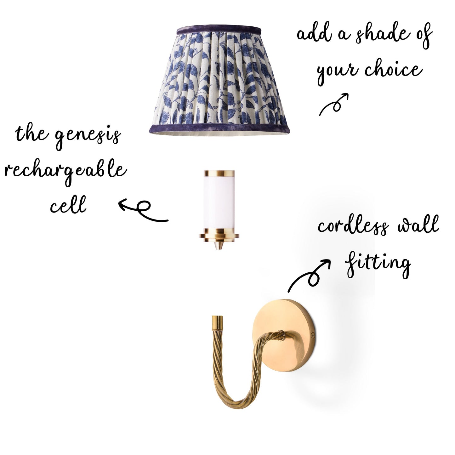 Quingo cordless wall fixture in brass