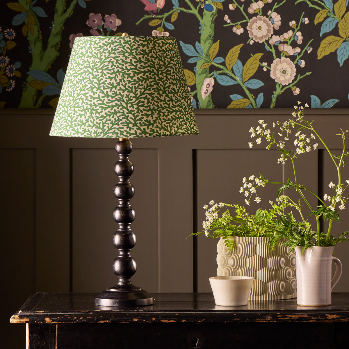 10 inch empire shade for cordless lamps in green blue Tuffley cotton by GP & J Baker