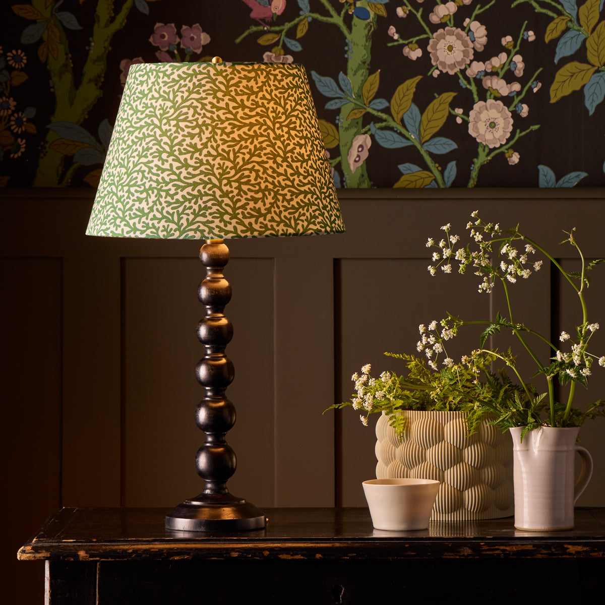 10 inch empire shade for cordless lamps in green blue Tuffley cotton by GP & J Baker