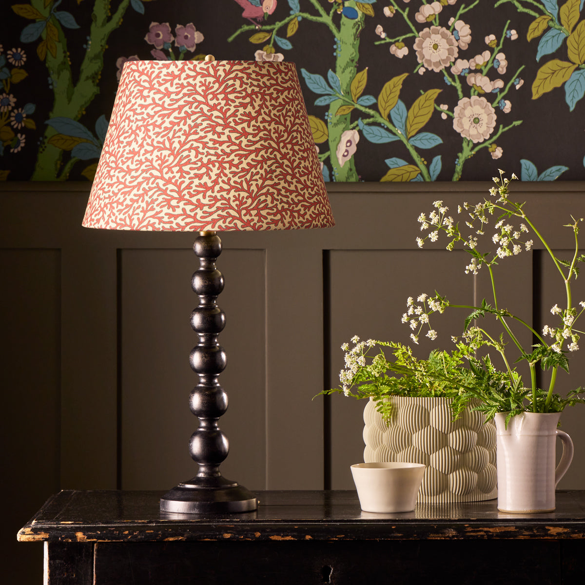 10 inch empire shade for cordless lamps in red aqua Tuffley cotton by GP & J Baker