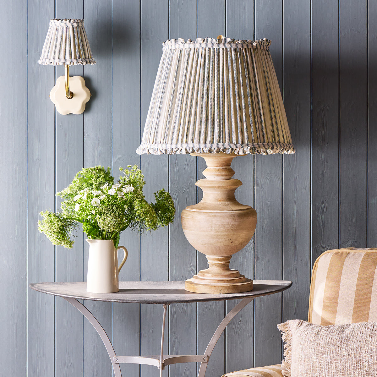 10 inch empire bloomer shade for cordless lamps in blue ticking linen