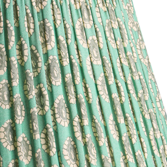 10 inch empire shade for cordless lamps in aqua block printed Dotty gathered cotton by GP & J Baker