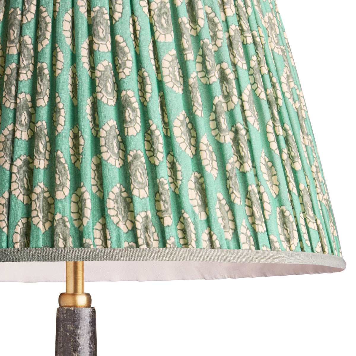 10 inch empire shade for cordless lamps in aqua block printed Dotty gathered cotton by GP & J Baker
