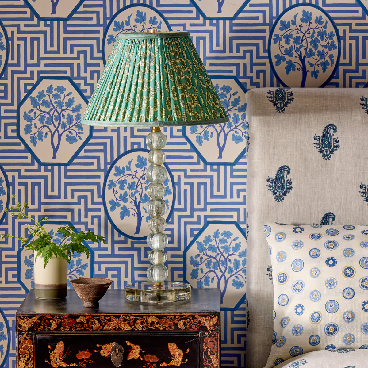 10 inch empire shade for cordless lamps in aqua block printed Dotty gathered cotton by GP & J Baker