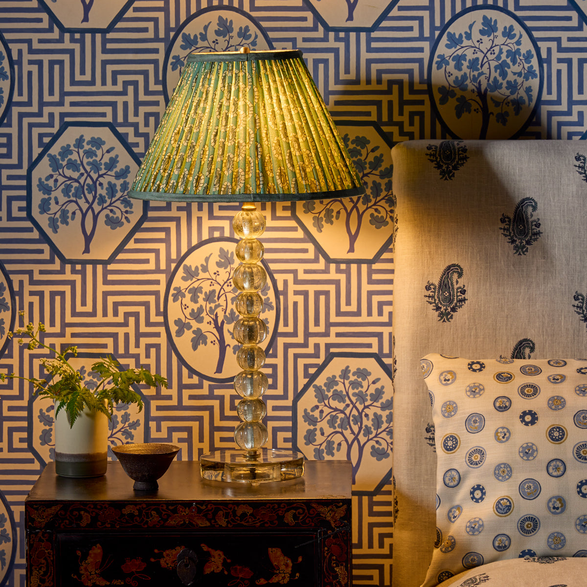 10 inch empire shade for cordless lamps in aqua block printed Dotty gathered cotton by GP & J Baker