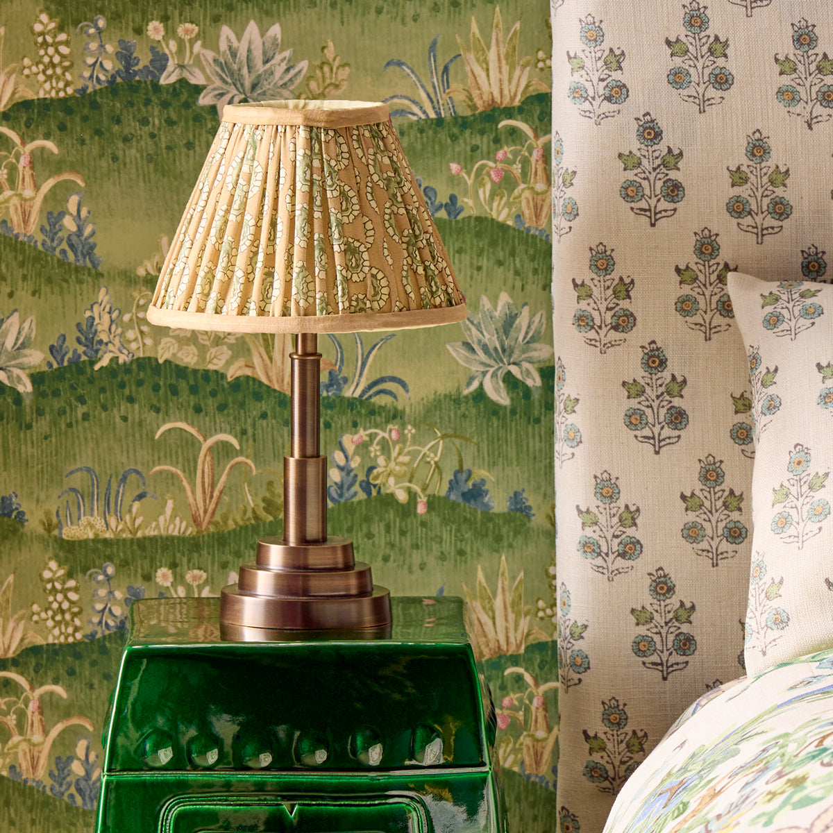 10 inch empire shade for cordless lamps in biscuit block printed Dotty gathered cotton by GP & J Baker