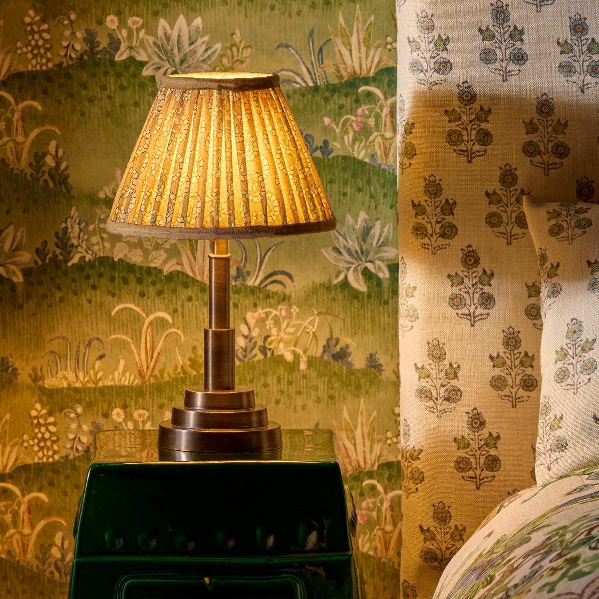10 inch empire shade for cordless lamps in biscuit block printed Dotty gathered cotton by GP & J Baker