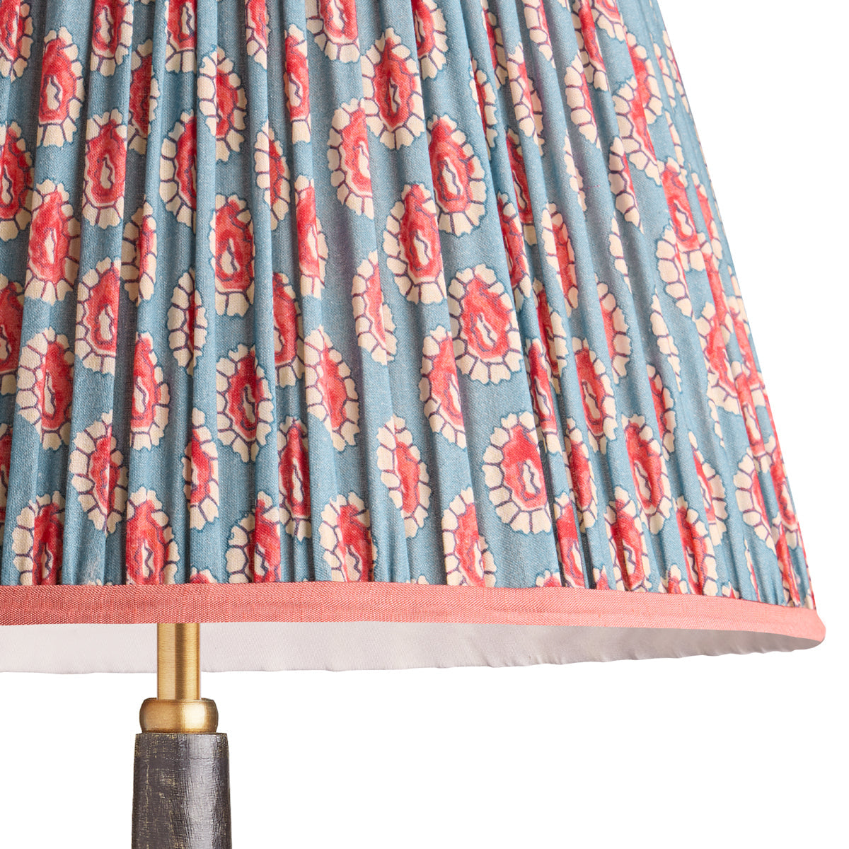 10 inch empire shade for cordless lamps in blue and red block printed Dotty gathered cotton by GP & J Baker
