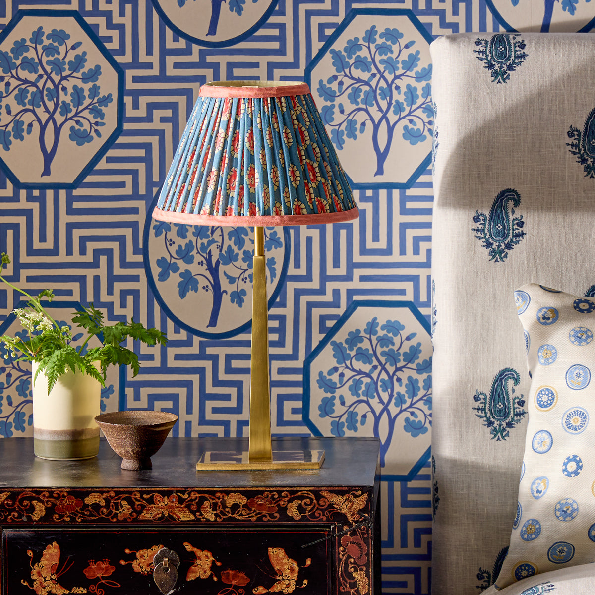 10 inch empire shade for cordless lamps in blue and red block printed Dotty gathered cotton by GP & J Baker