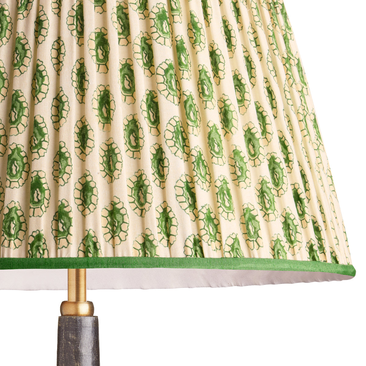 10 inch empire shade for cordless lamps in green and white block printed Dotty gathered cotton by GP & J Baker