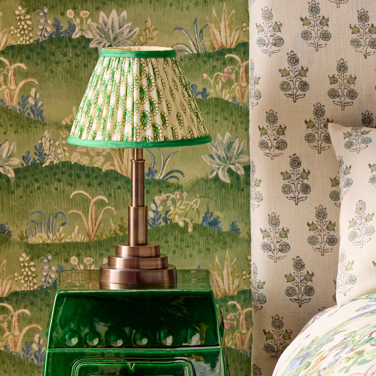 10 inch empire shade for cordless lamps in green and white block printed Dotty gathered cotton by GP & J Baker