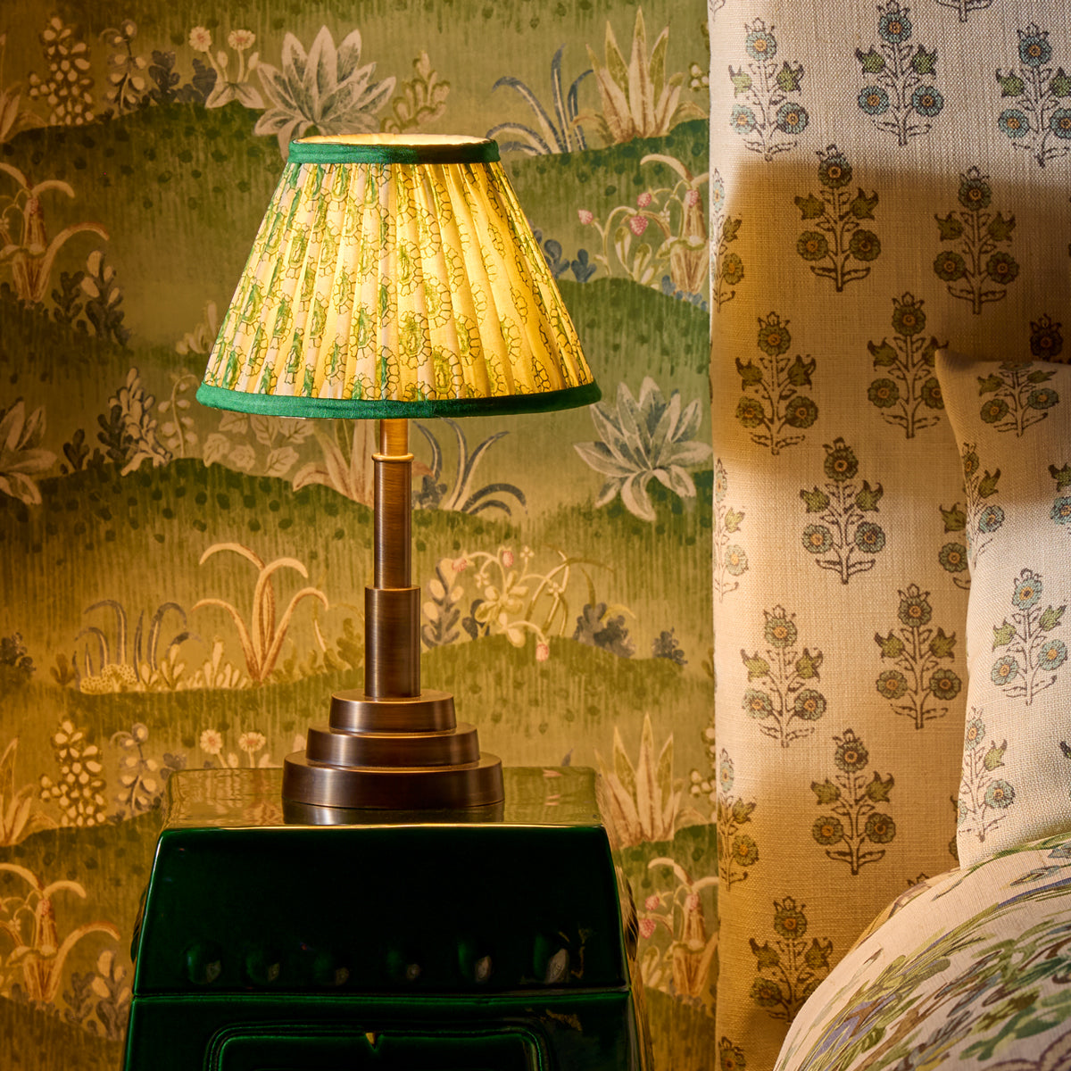 10 inch empire shade for cordless lamps in green and white block printed Dotty gathered cotton by GP & J Baker