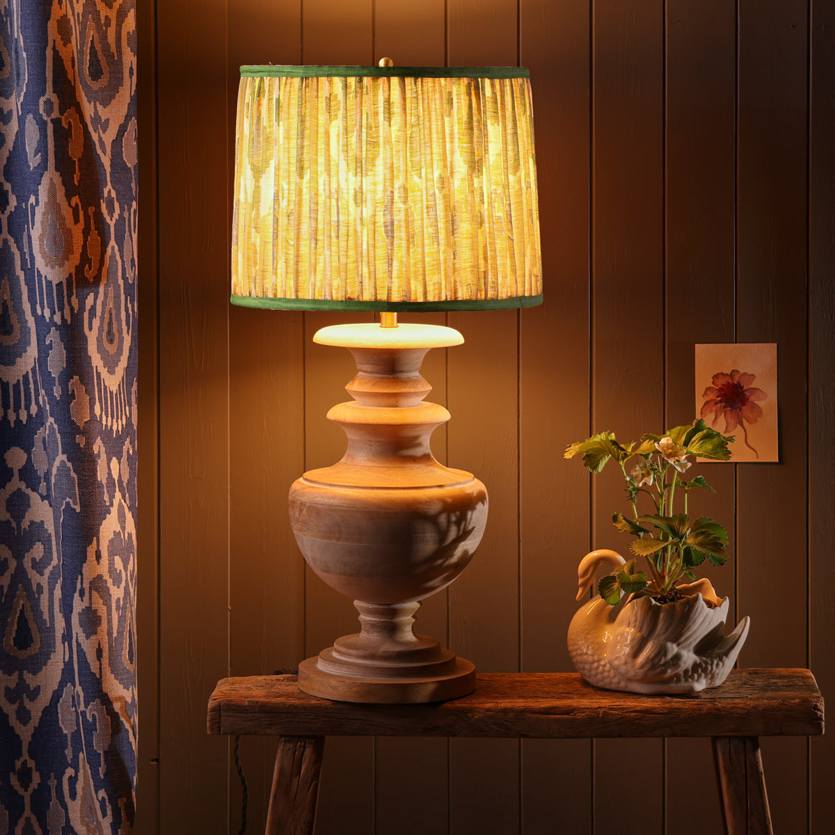10 inch empire shade for cordless lamps in green blue Bokhara gathered linen by GP & J Baker