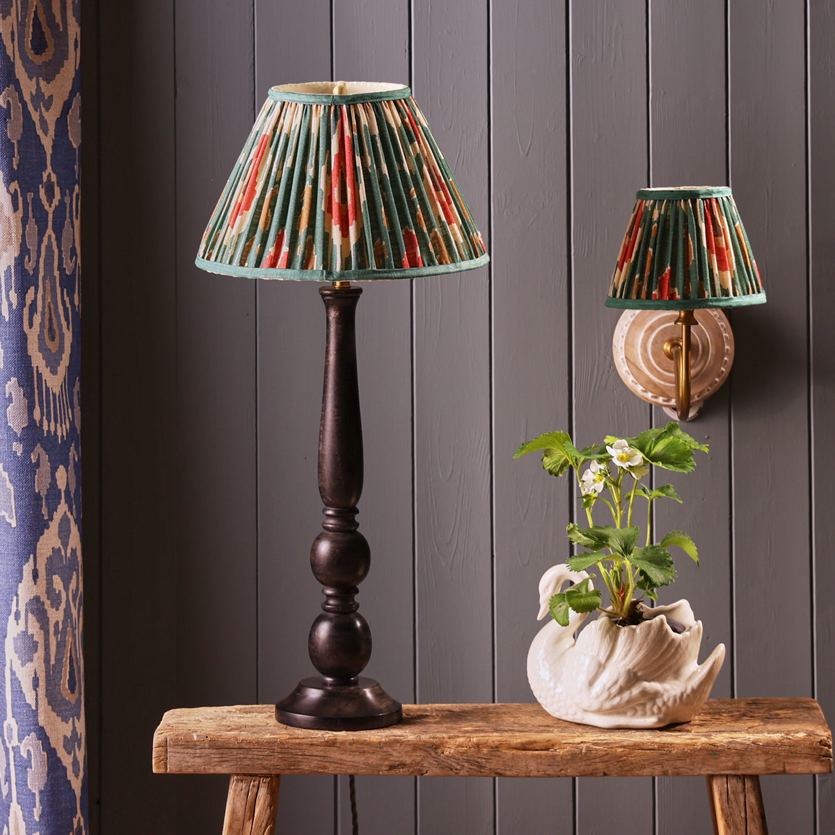 10 inch empire shade for cordless lamps in red aqua Bokhara gathered linen by GP & J Baker
