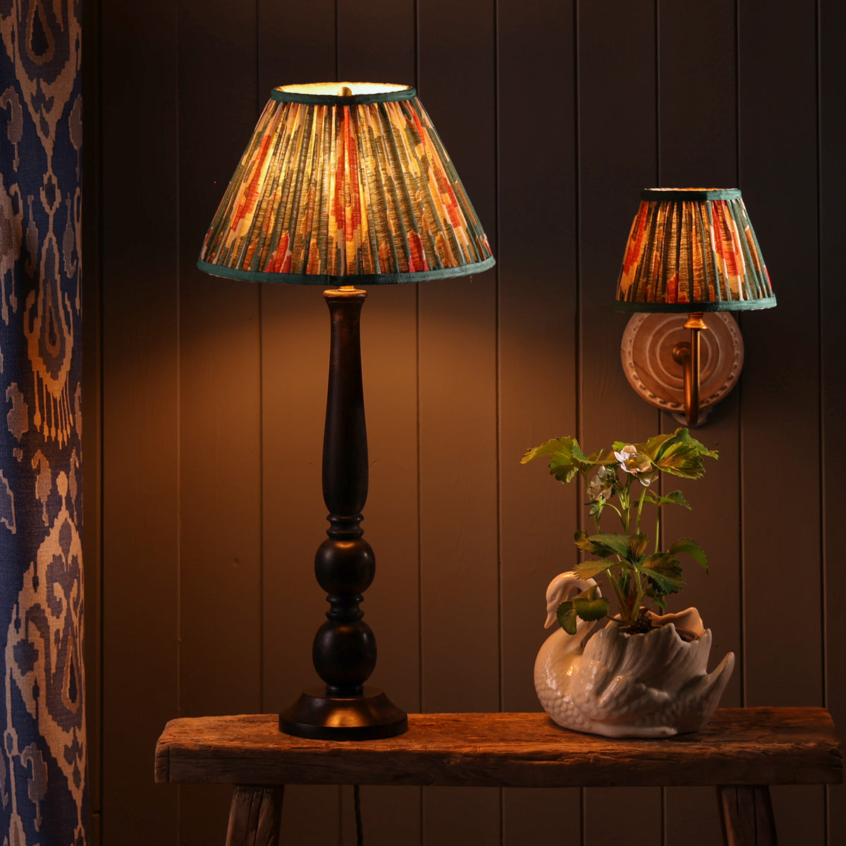 10 inch empire shade for cordless lamps in red aqua Bokhara gathered linen by GP & J Baker