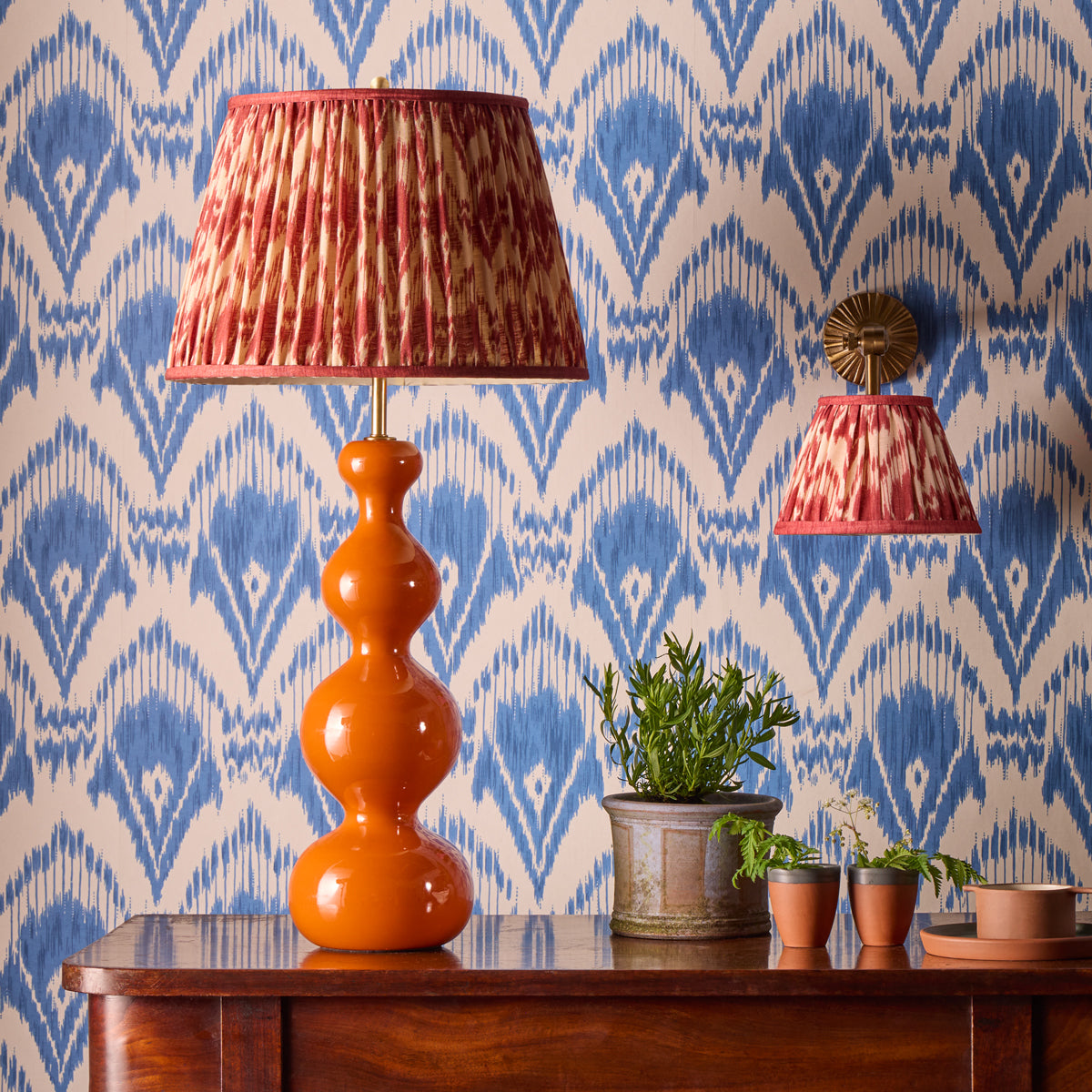 10 inch empire shade for cordless lamps in red Zaraband gathered linen by GP & J Baker
