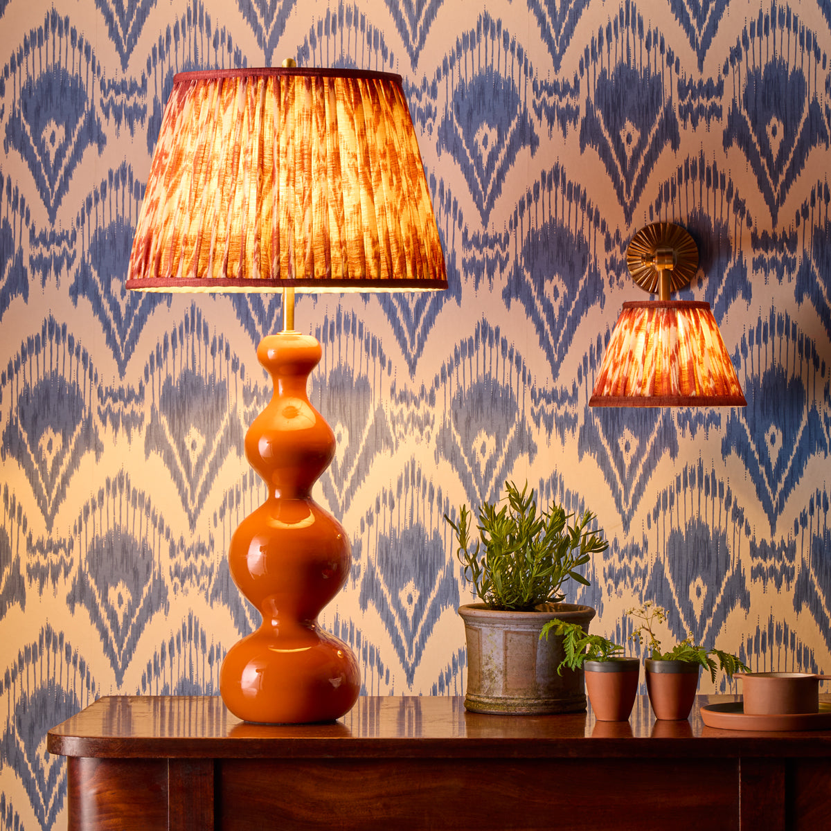 10 inch empire shade for cordless lamps in red Zaraband gathered linen by GP & J Baker