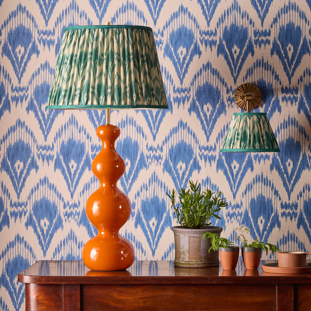 10 inch empire shade for cordless lamps in teal Zaraband gathered linen by GP & J Baker